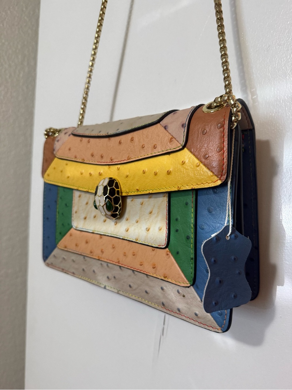 Multi-Color Patchwork Ostrich Leather Shoulder Bag with Gold Chain - Picture 3 of 8